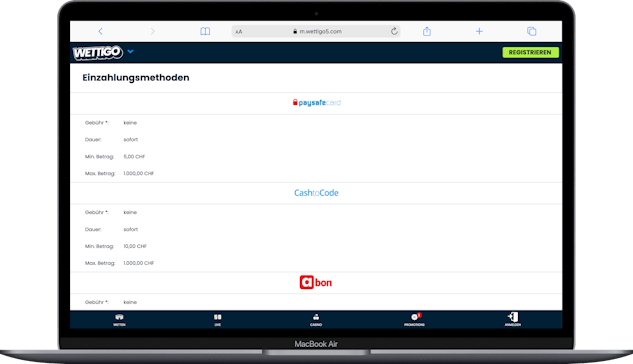 Wettigo Casino Zahlungsmethoden in der Schweiz
